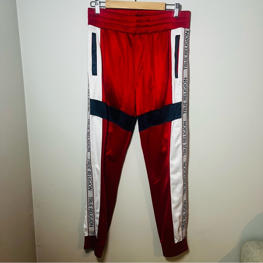 True Religion Tricot Track Pant Joggers Men’s S Colorblock Red Logo Trim Pockets